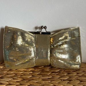 NWT Gold Bow Clutch with Removable Strap and Diamond Detail on Snaps